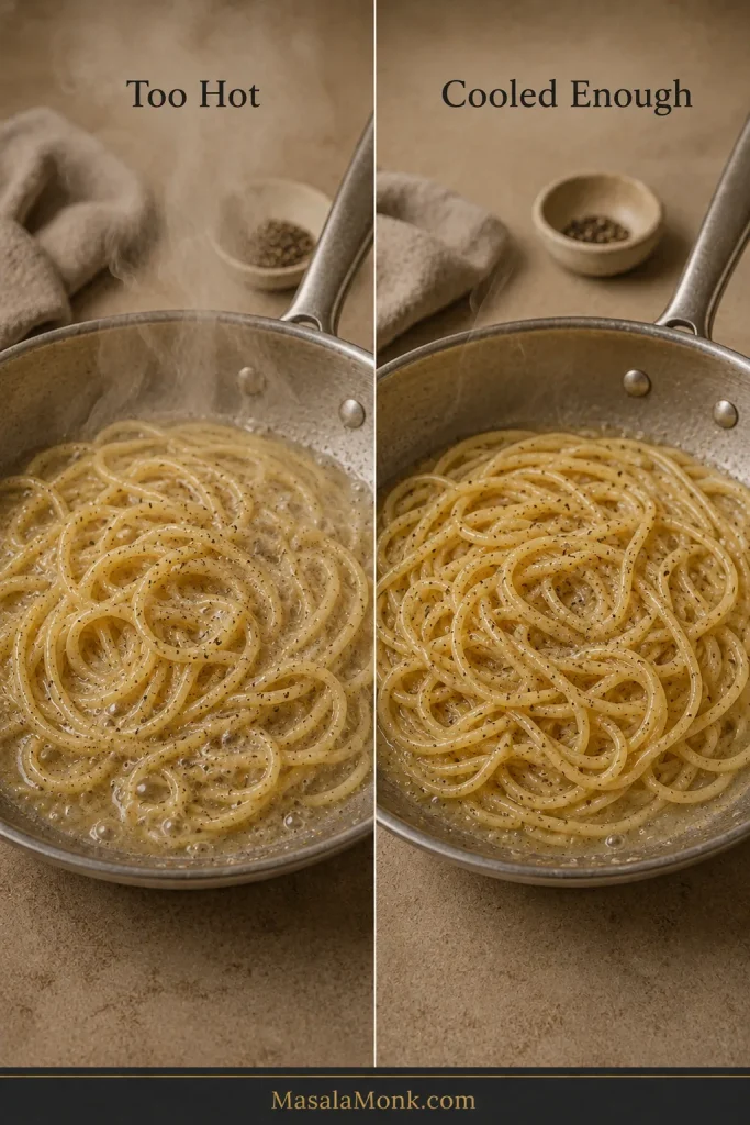 Side-by-side skillets of peppered spaghetti labeled “Too Hot” and “Cooled Enough,” with stronger visible steam over the hotter pan and only faint steam over the cooled pan.