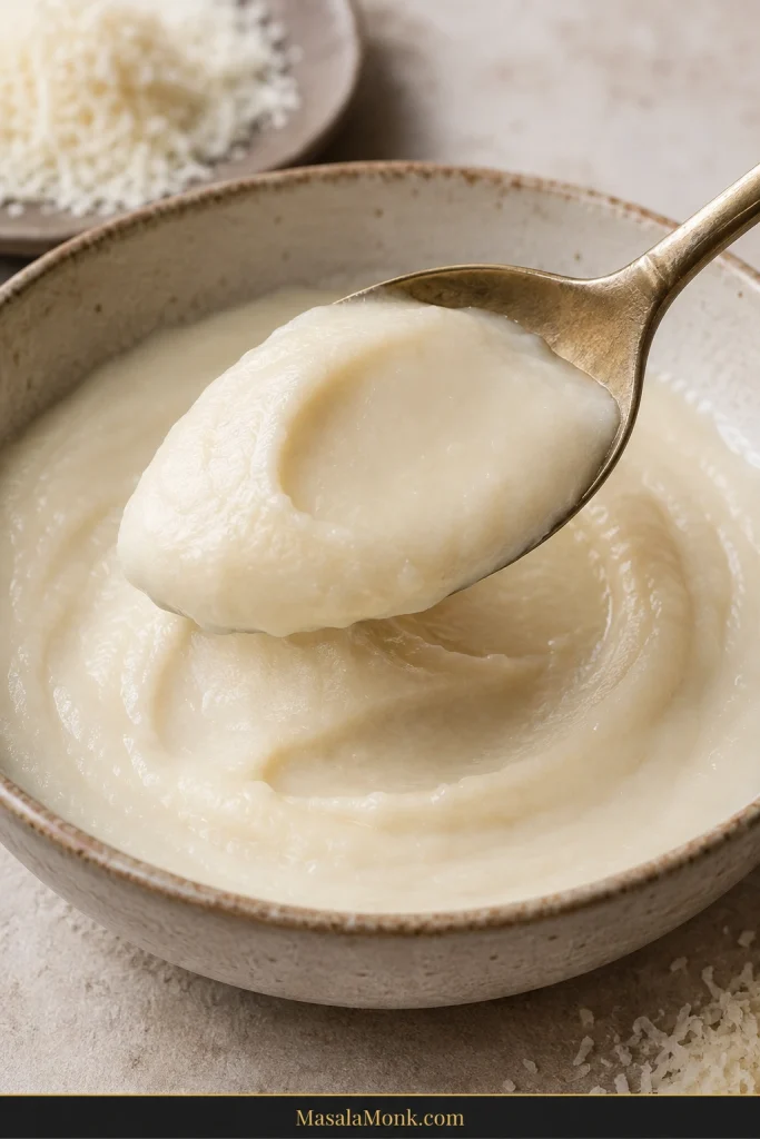 Spoon holding a thick, smooth, pale Pecorino paste above a bowl, with the mixture forming a soft mound and holding its shape.