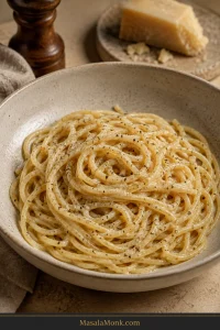Bowl of glossy cacio e pepe spaghetti lightly coated with Pecorino Romano and speckled with cracked black pepper, with cheese and a pepper mill in the background.