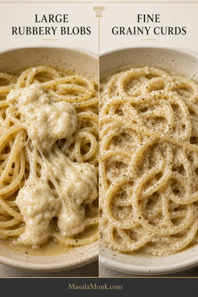 Split comparison of failed cacio e pepe: large stretchy cheese blobs coating spaghetti on the left and many tiny grainy cheese curds dispersed through the sauce on the right.