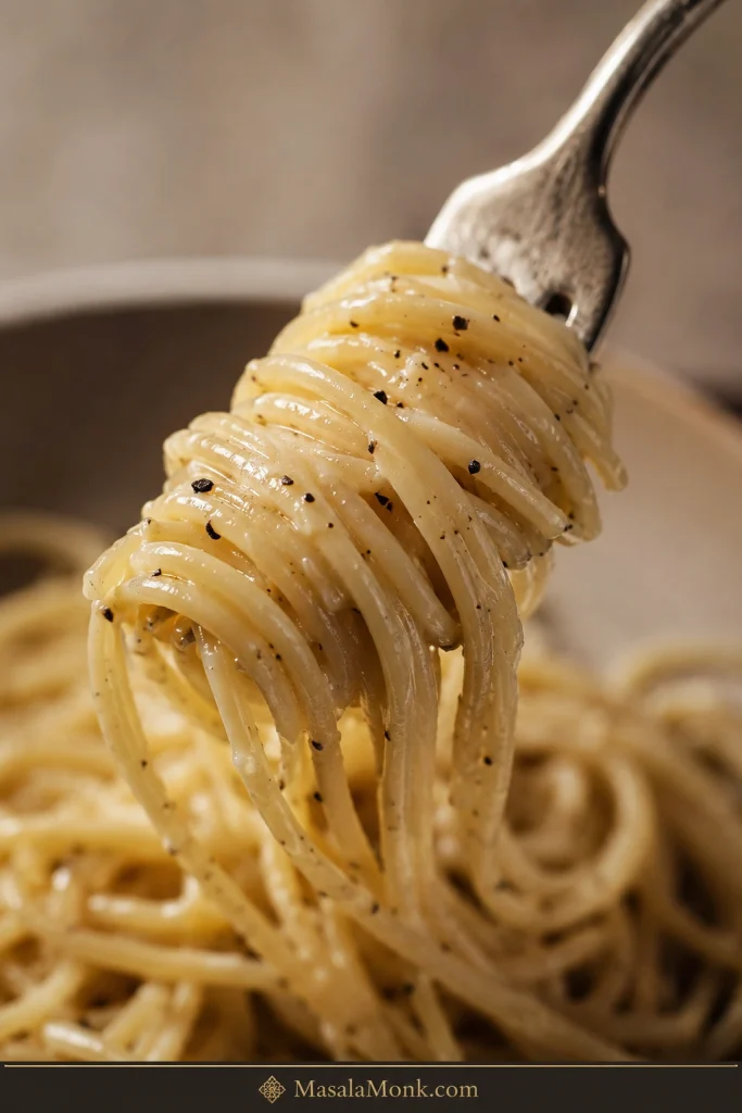 Close-up of cacio e pepe spaghetti twirled around a fork, showing separate glossy strands with a light cheese coating and black pepper flecks.