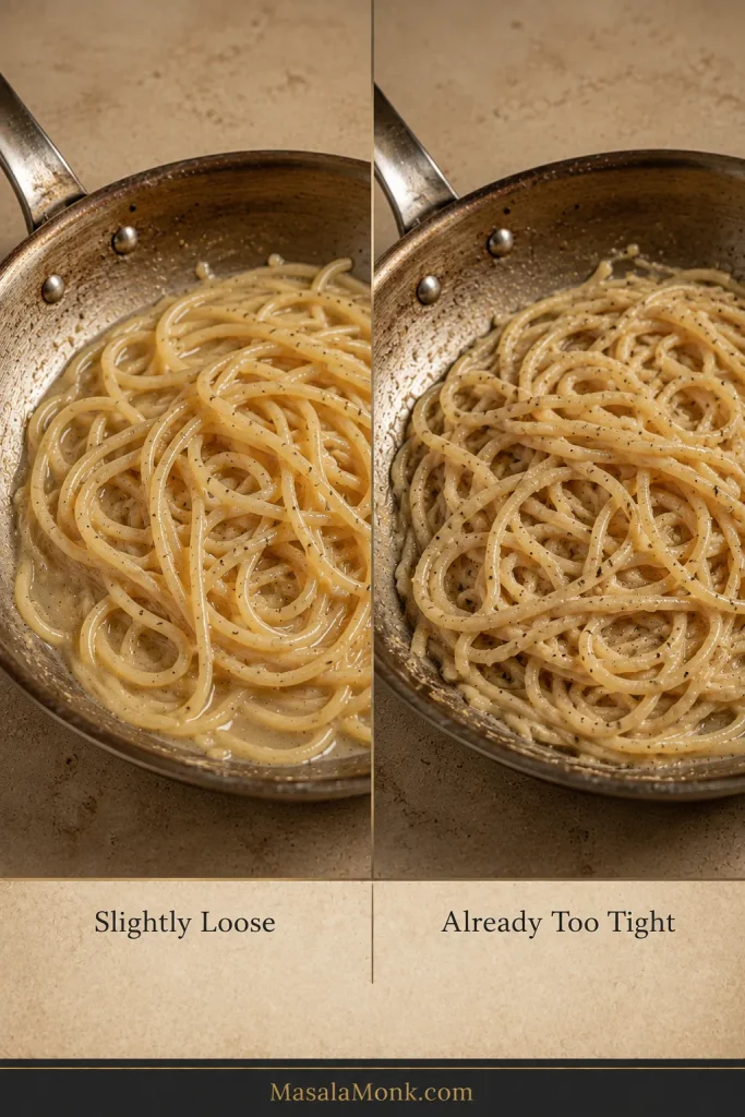 Side-by-side skillet comparison showing glossy, fluid cacio e pepe labeled “Slightly Loose” on the left and a thicker, less mobile but still smooth sauce labeled “Already Too Tight” on the right.
