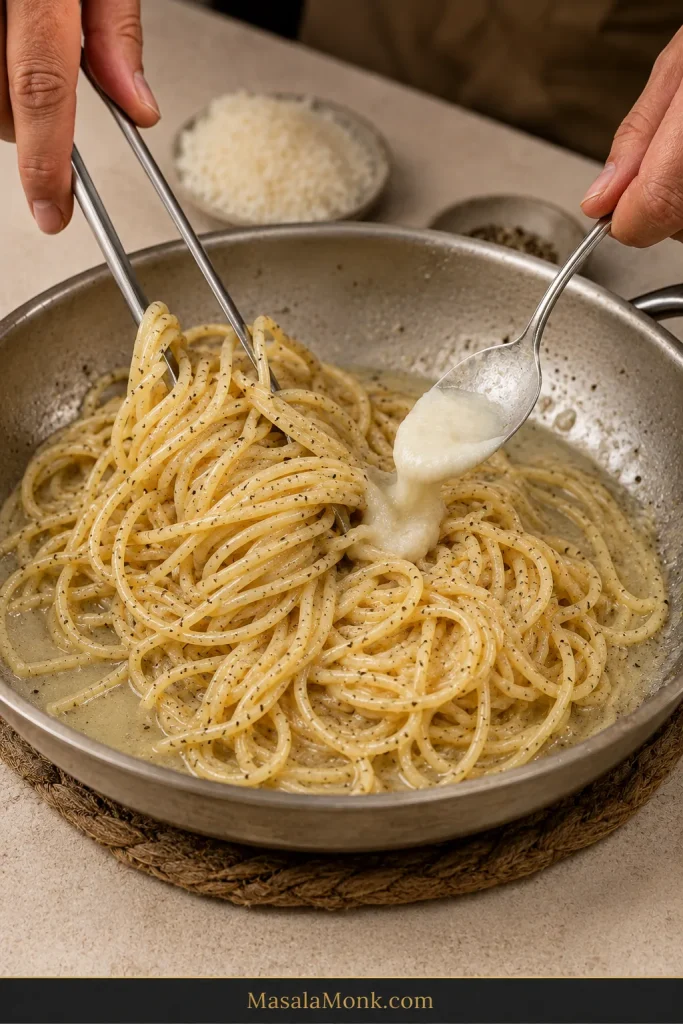 A spoon adding a small amount of smooth Pecorino paste to peppered spaghetti while tongs lift and toss the pasta in a skillet off the burner.