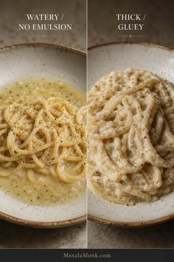 Side-by-side failed cacio e pepe showing watery separated liquid around loosely coated spaghetti on the left and a thick, gluey coating binding the strands together on the right.