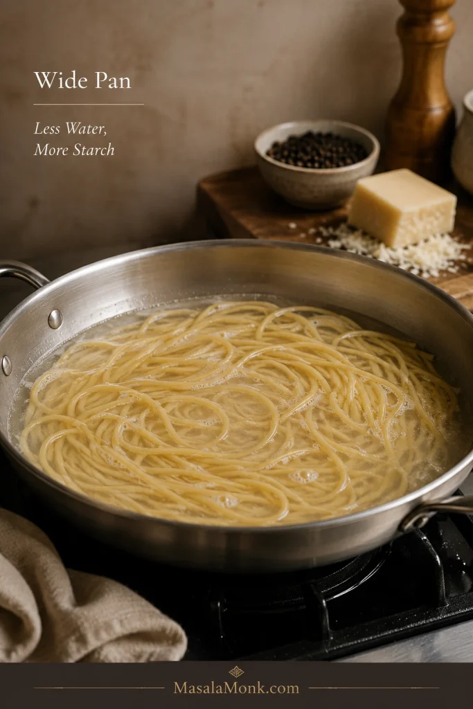 Spaghetti cooking in a wide shallow stainless-steel pan with a relatively low level of water, with Pecorino cheese and black pepper in the background.