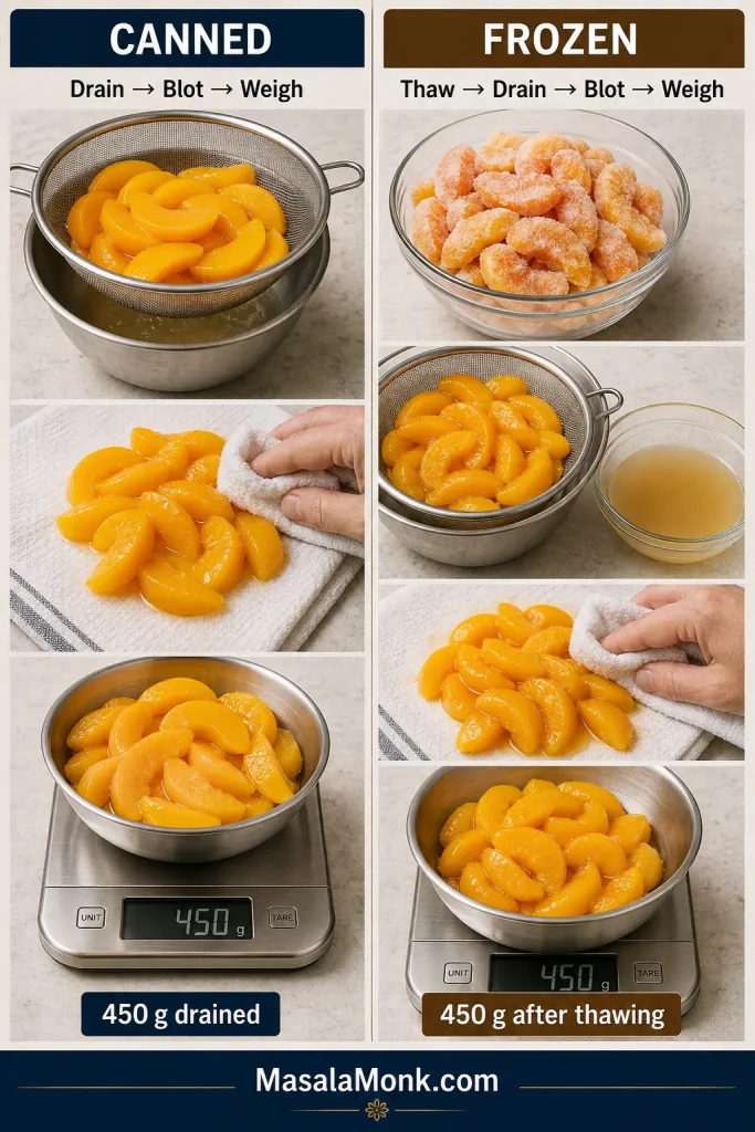 Two peach preparation workflows showing canned peaches being drained, blotted and weighed, and frozen peaches being thawed, drained, blotted and weighed after thawing.