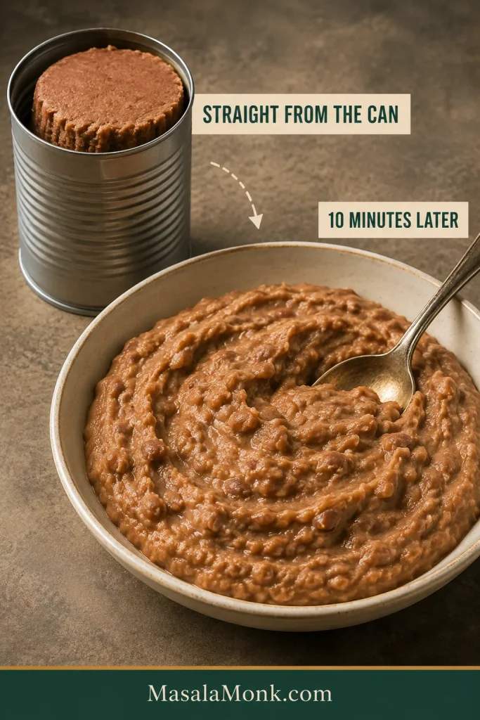 Before-and-after view of stiff canned refried beans holding their shape and creamy finished beans in a serving bowl.