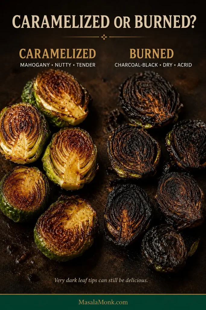 Brussels sprout halves comparing deep mahogany caramelization with dry, charcoal-black burned surfaces.