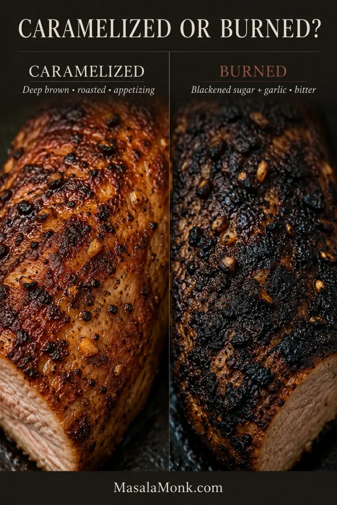 Macro comparison of mahogany caramelization on pork tenderloin beside a blackened, brittle surface with charred garlic.