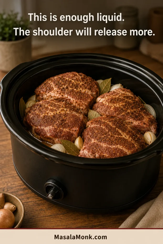 Seasoned pork shoulder sits mostly above a shallow layer of citrus juice, onion and garlic at the bottom of a slow cooker.