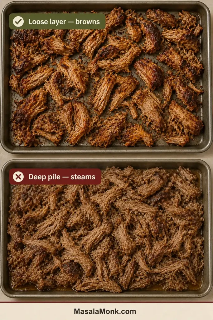 Infographic compares a loose layer of browned carnitas with a deep crowded tray of pale pork surrounded by trapped moisture.