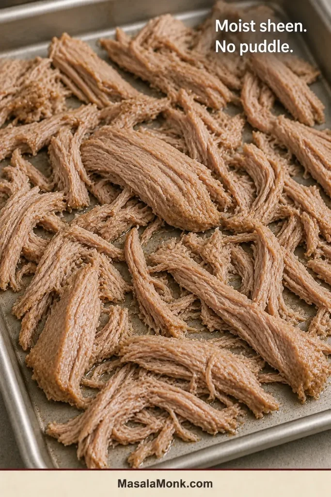 Broad pulled pork pieces glisten lightly on a metal sheet pan with visible gaps and no liquid puddle beneath them.