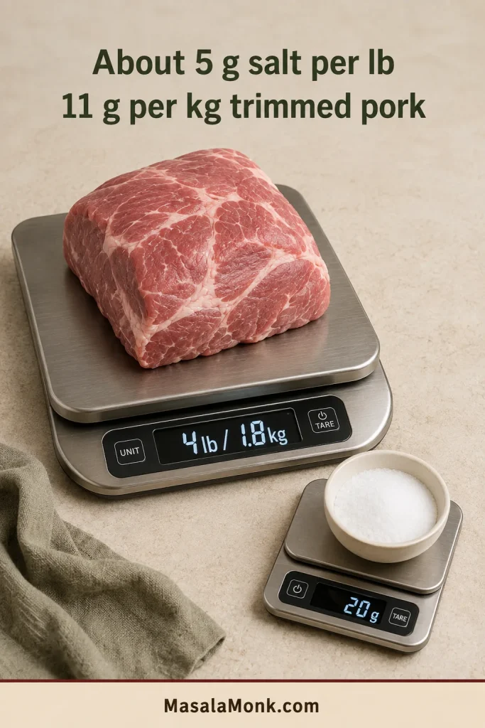 Four pounds of trimmed pork shoulder on one digital scale and 20 grams of fine sea salt in a bowl on another scale.