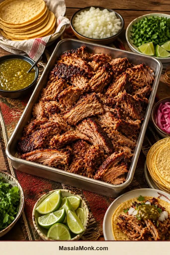 Large tray of pork carnitas surrounded by tortillas, salsa verde, chopped onion, cilantro, lime wedges and pickled red onions.
