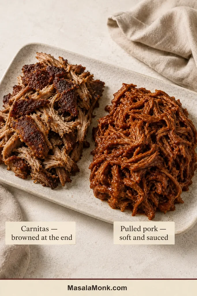 Broad crisp-edged carnitas pieces sit beside finer strands of barbecue pulled pork coated in reddish-brown sauce.