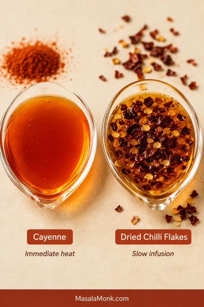 Smooth cayenne-based hot honey beside clear amber honey containing dried chilli flakes, comparing immediate heat with a slower infusion.