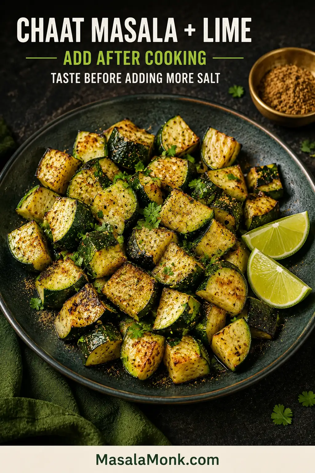 Dark plate of browned zucchini finished with chaat masala, lime wedges and chopped cilantro beside a small bowl of spice.