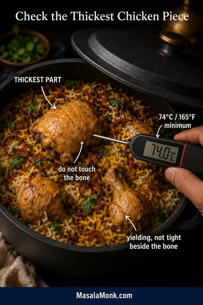 Digital thermometer inserted into the thickest part of a cooked chicken thigh, avoiding the bone and displaying 74 degrees Celsius.