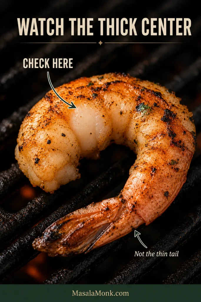 Extreme close-up of a grilled shrimp with an arrow pointing to the thickest part of the body and a note indicating not to judge by the thin tail.