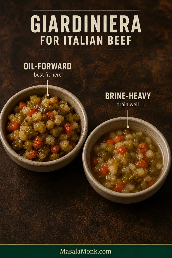 Two bowls comparing glossy oil-packed chopped Chicago giardiniera with a wetter giardiniera sitting in vinegar-heavy brine.