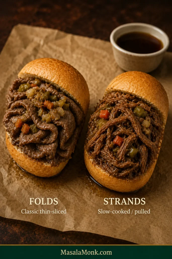Side-by-side comparison of an Italian beef sandwich made with thin folded beef and one made with pulled beef strands.