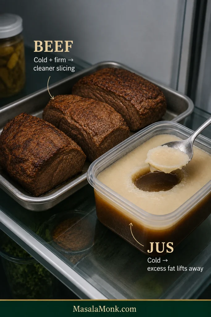 Chilled cooked beef beside cold beef jus with a firm fat layer on top, showing the two results of overnight refrigeration.