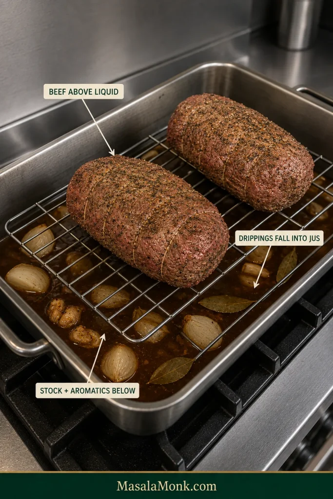 Two beef roasts resting on a rack above seasoned stock, onions, garlic and aromatics in a roasting pan.