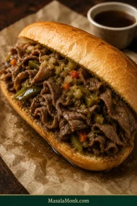 Chicago Italian beef sandwich filled with thin folded brown beef, soft green sweet peppers and chopped giardiniera in a gravy-darkened French roll.