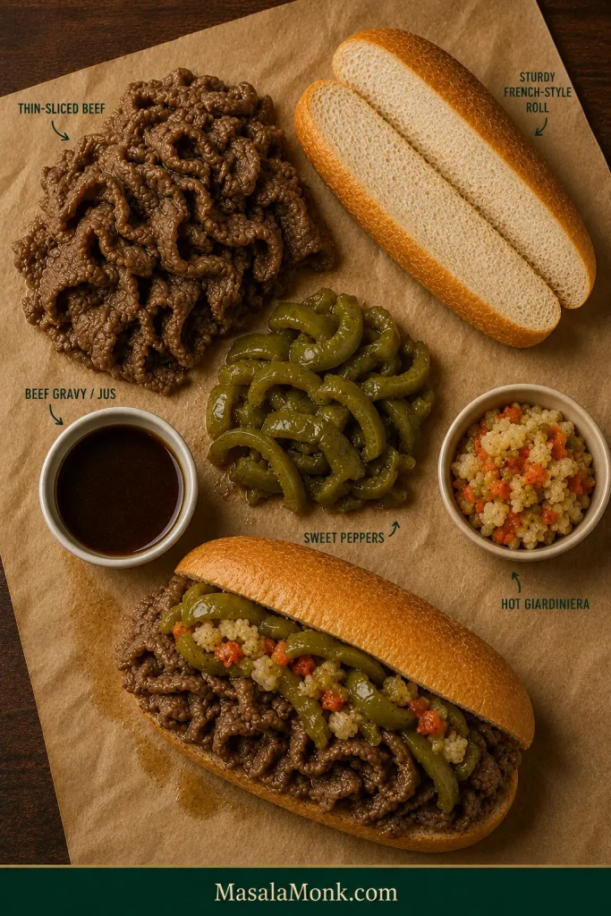 Overhead anatomy of an Italian beef sandwich showing the roll, folded beef, sweet peppers, giardiniera and beef jus as separate parts of the build.