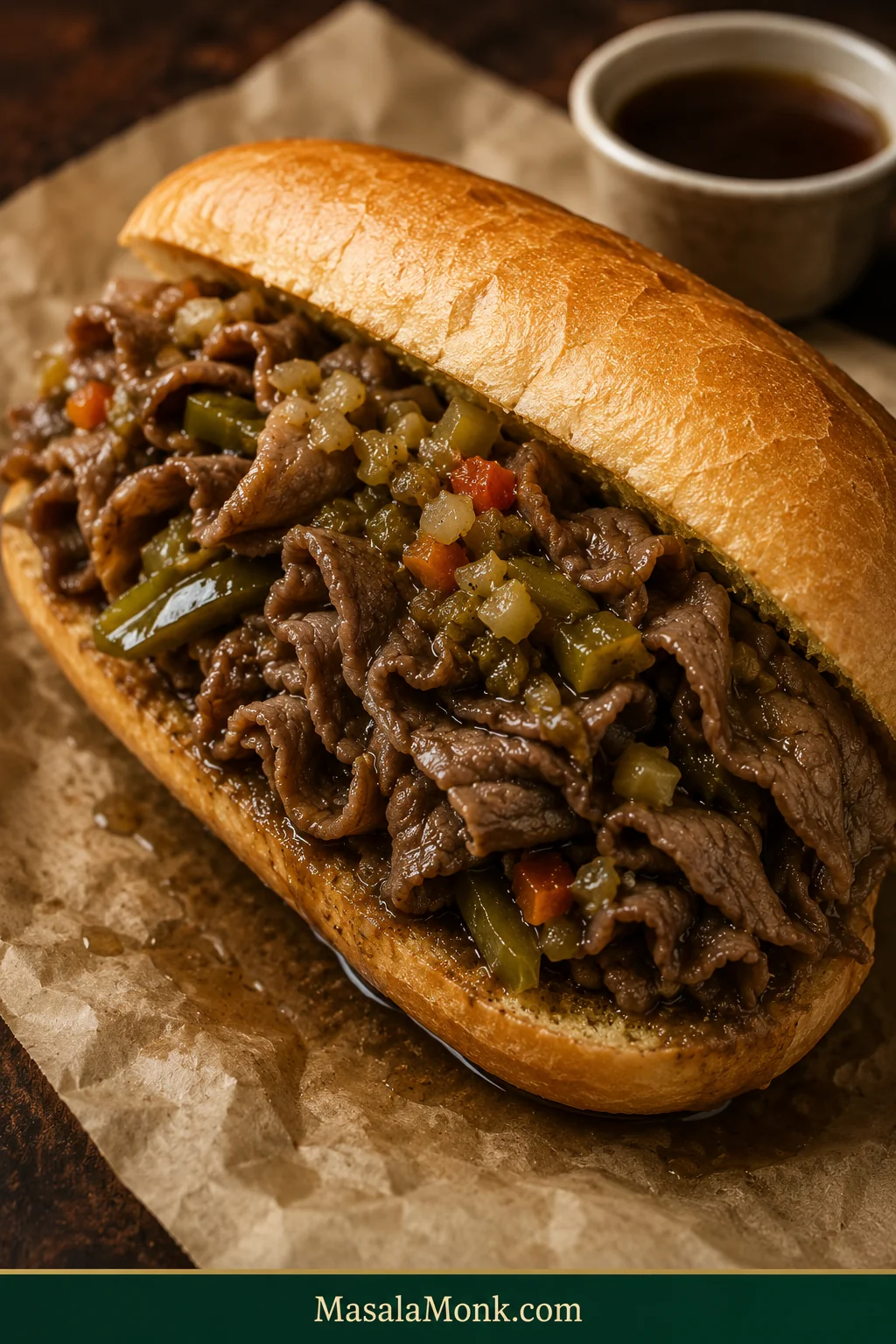 Chicago Italian beef sandwich filled with thin folded brown beef, soft green sweet peppers and chopped giardiniera in a gravy-darkened French roll.