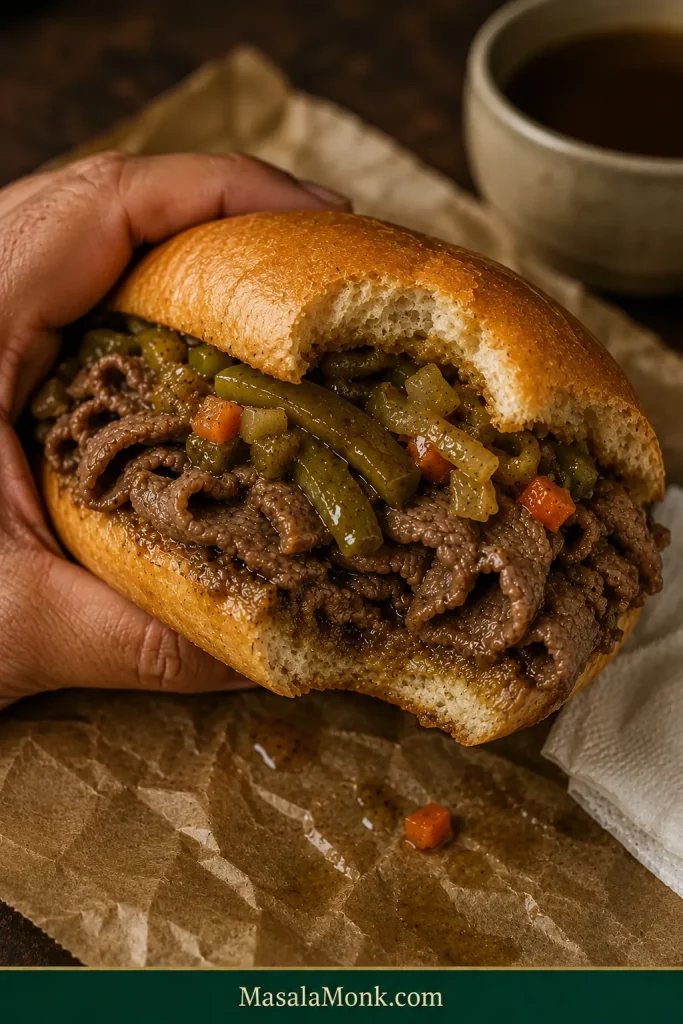 Hand holding a partially eaten Chicago Italian beef sandwich with thin folded beef, sweet peppers, giardiniera and visibly gravy-soaked bread.