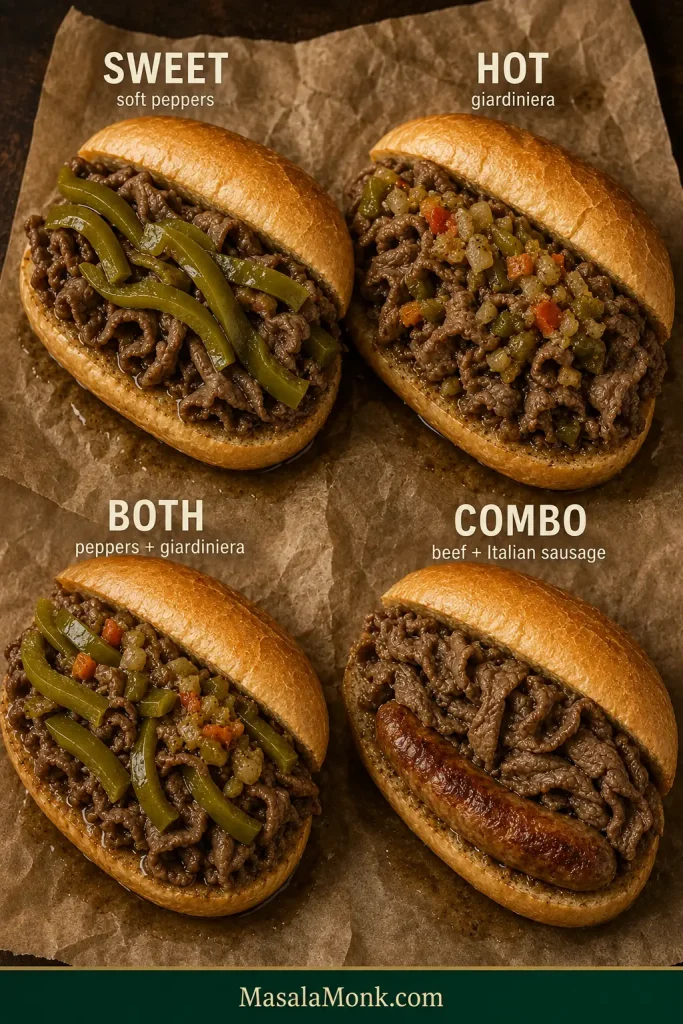 Four Italian beef variations showing sweet peppers, hot giardiniera, both toppings and a combo with Italian sausage and beef.