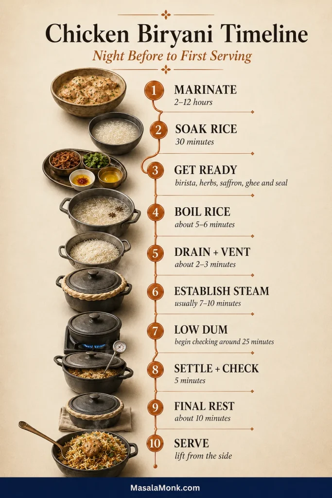 Timeline from marinating and soaking through rice boiling, draining, steam establishment, low dum, temperature checking, resting and serving.