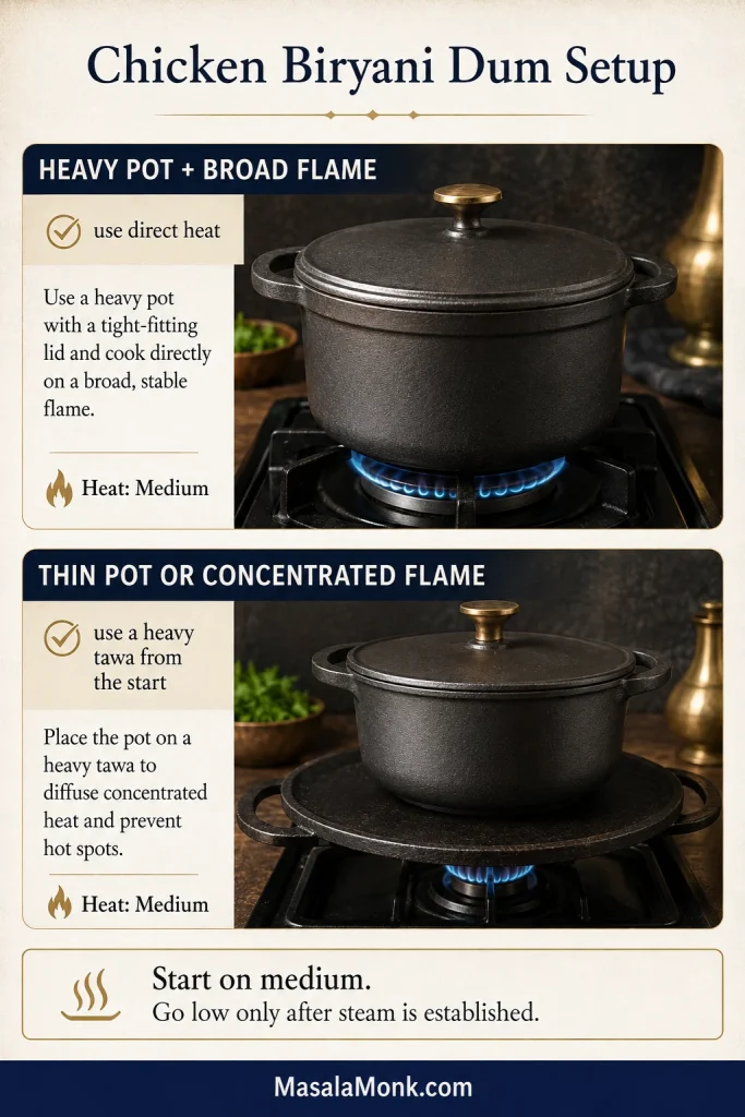 Dum setup comparing a heavy pot over a broad flame with a pot placed on a cast-iron tawa over concentrated heat.