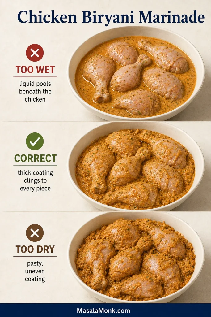 Three bowls of raw chicken comparing watery marinade, a thick evenly clinging marinade and an overly dry patchy marinade.
