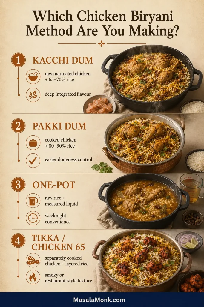 Guide comparing kacchi dum with raw chicken, pakki dum with cooked chicken, one-pot biryani and biryani layered with cooked tikka pieces.