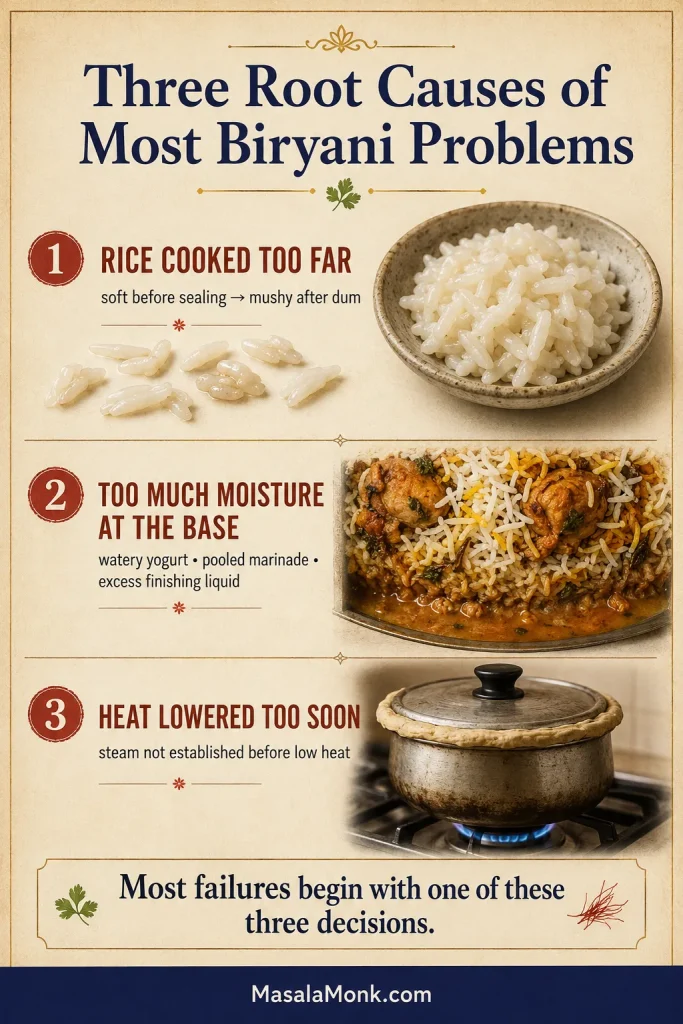 Troubleshooting guide showing over-soft rice, pooled moisture at the base and a sealed pot lowered before steam was established.