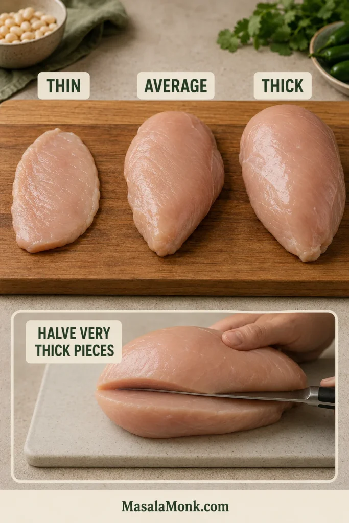 Thin, average and thick raw chicken breasts shown from the side, with a very thick breast being halved horizontally.