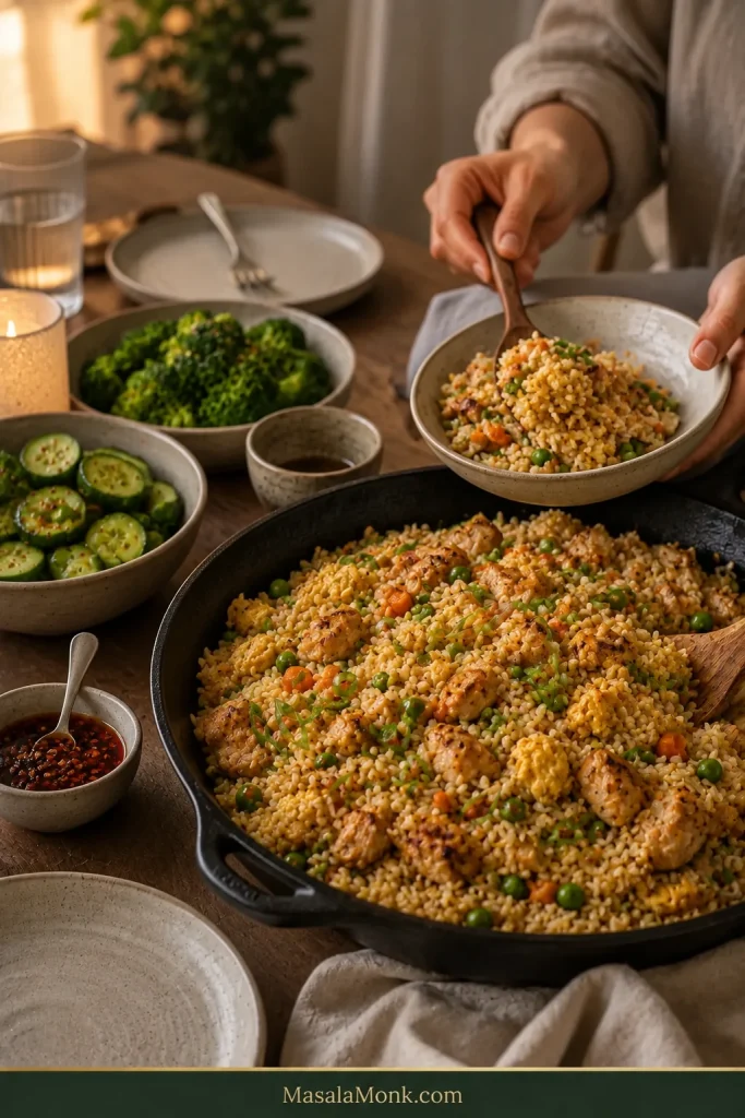 Chicken fried rice served at a warm dinner table with cucumber salad, broccoli, chilli crisp and a person spooning rice into a ceramic bowl.
