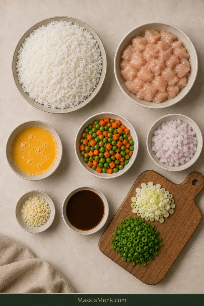 Overhead arrangement of cooked rice, lightly coated raw chicken, beaten eggs, peas and carrots, diced onion, chopped garlic, separated scallion whites and greens, and a small bowl of fried-rice sauce.