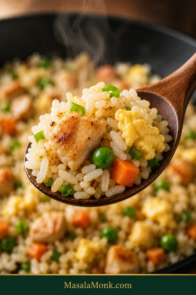 Close-up spoonful of chicken fried rice with separate rice grains, a small browned chicken piece, tender scrambled egg, a pea, diced carrot and sliced scallion, with steam rising behind it.