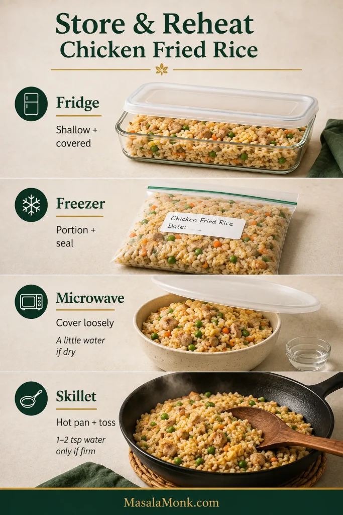 Storage and reheating guide showing chicken fried rice in a shallow covered refrigerator container, a sealed freezer portion, a loosely covered microwave bowl and a hot skillet for stovetop reheating.