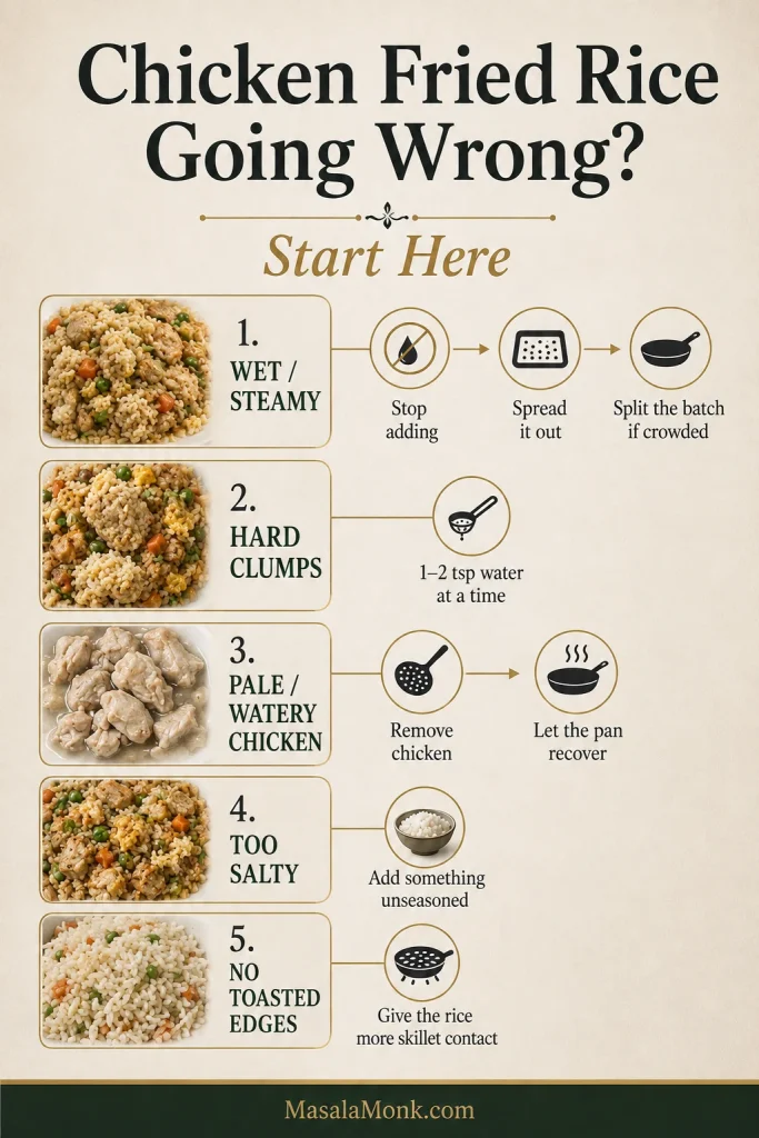 Chicken fried rice troubleshooting guide showing examples of wet rice, hard clumps, watery chicken, excessive salt and rice without toasted contact areas.