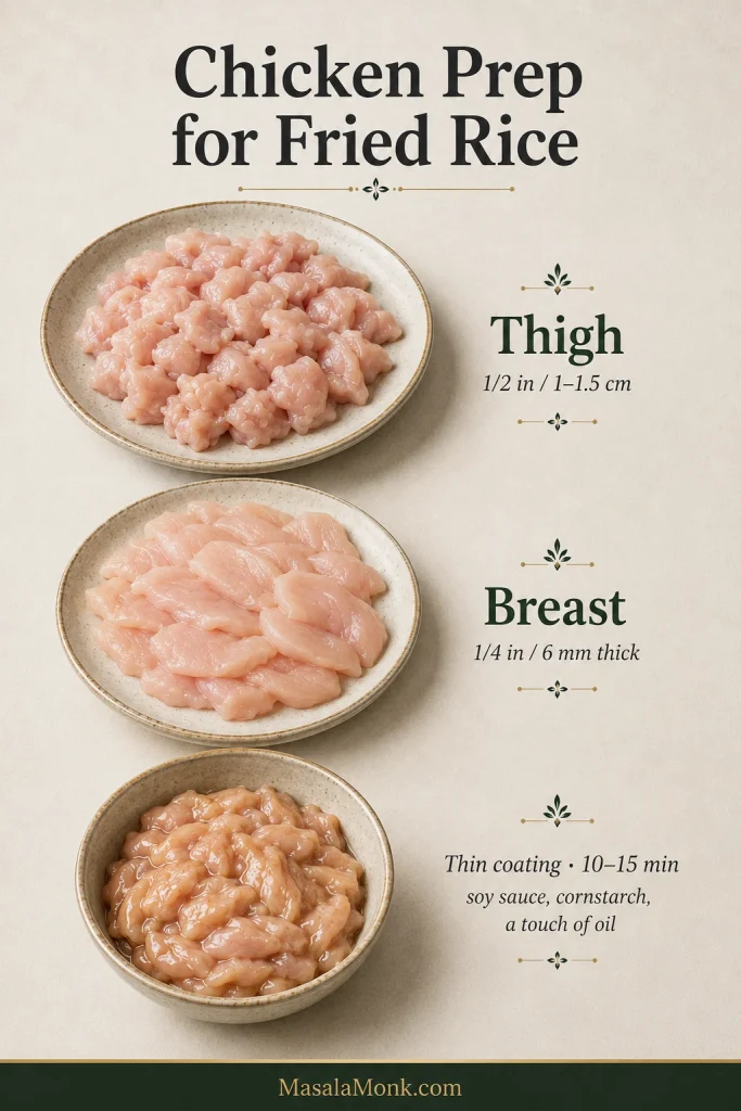 Chicken preparation guide showing small thigh pieces, thinner breast slices cut across the grain, and chicken coated with a thin layer of soy sauce, cornstarch and oil.