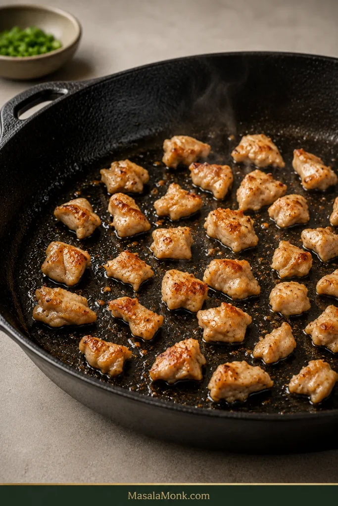 Small pieces of chicken searing in a single layer in a dark skillet, with open hot-pan space between the pieces and browned surfaces beginning to form.