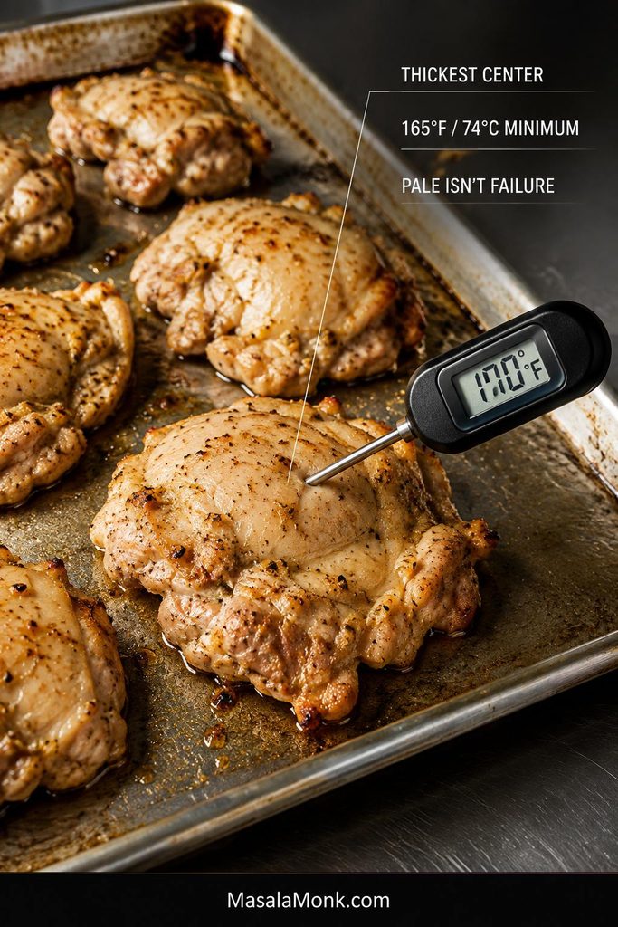 Instant-read thermometer inserted into the thickest part of a lightly browned cooked chicken thigh on a sheet pan, reading 170 degrees Fahrenheit.