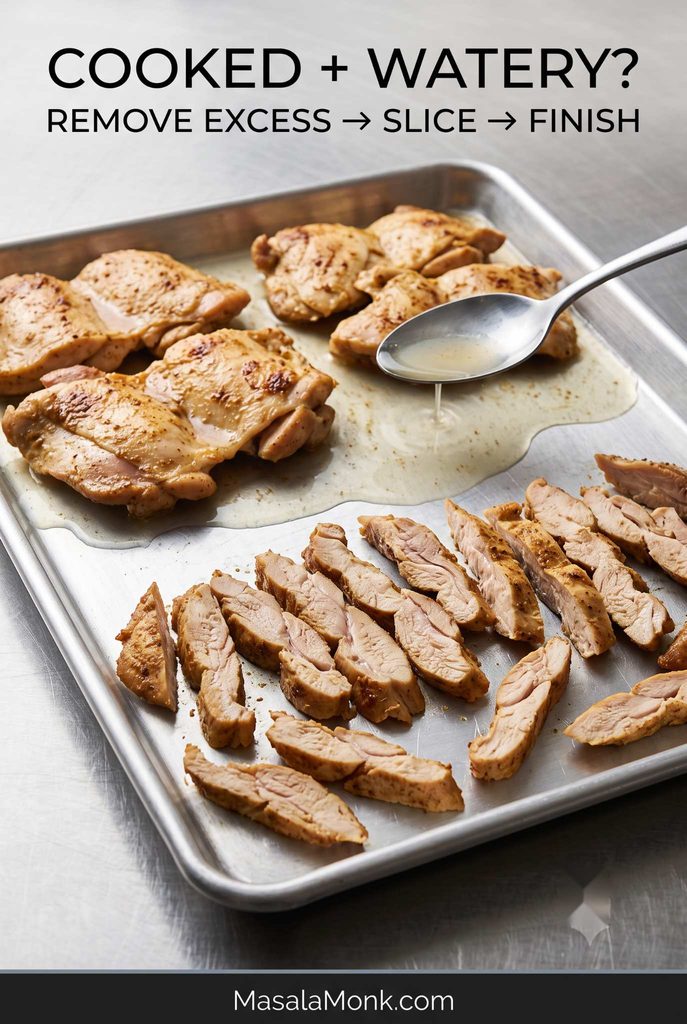 Cooked chicken thighs on a sheet pan with watery liquid being removed by a spoon and sliced pieces spread on a drier area of the same pan.