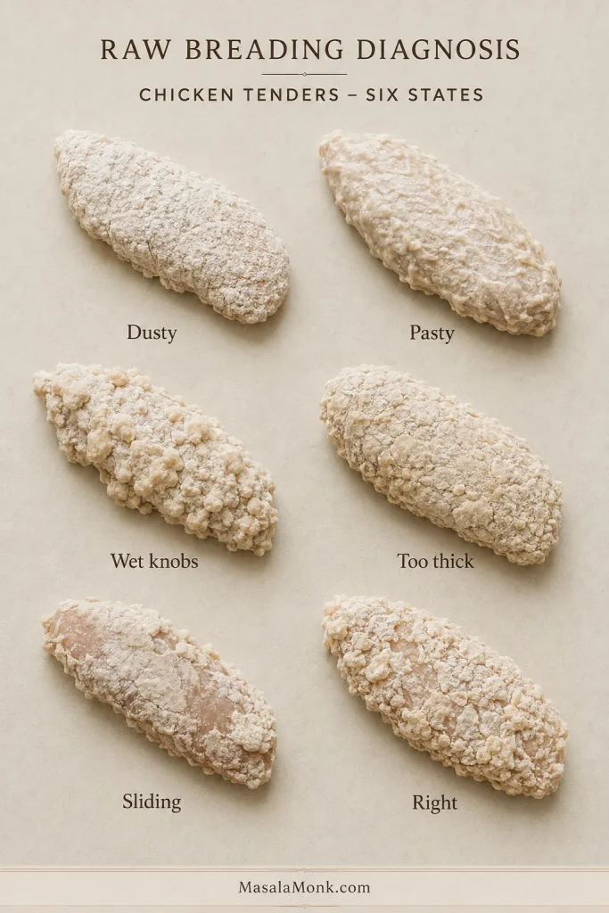 Six breaded chicken tenders labeled Dusty, Pasty, Wet knobs, Too thick, Sliding, and Right.