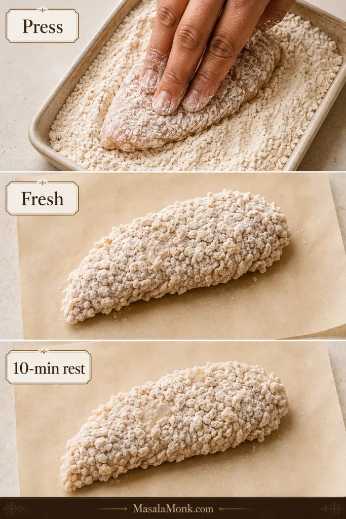 Three stages showing breading pressed onto chicken, a freshly coated tender, and the slightly hydrated coating after a 10-minute rest.