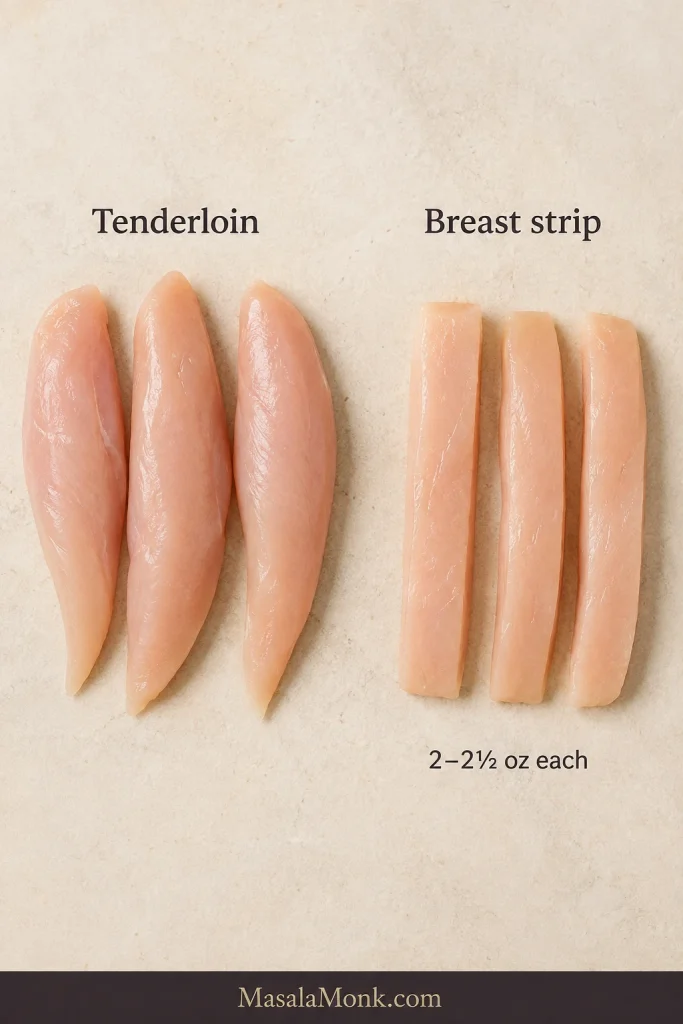 Raw chicken tenderloins beside similarly sized chicken breast strips labeled about 2 to 2½ ounces each.